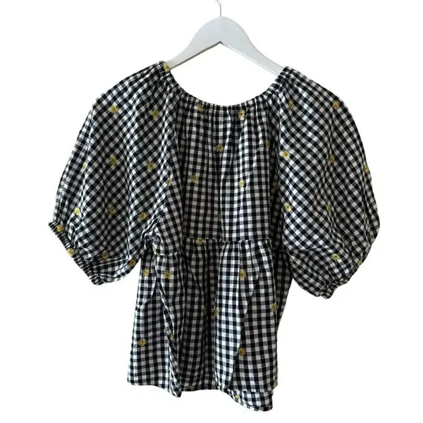 Old Navy puff sleeve black white sunflower embroidered gingham swing SZ M #2160 - Image 5