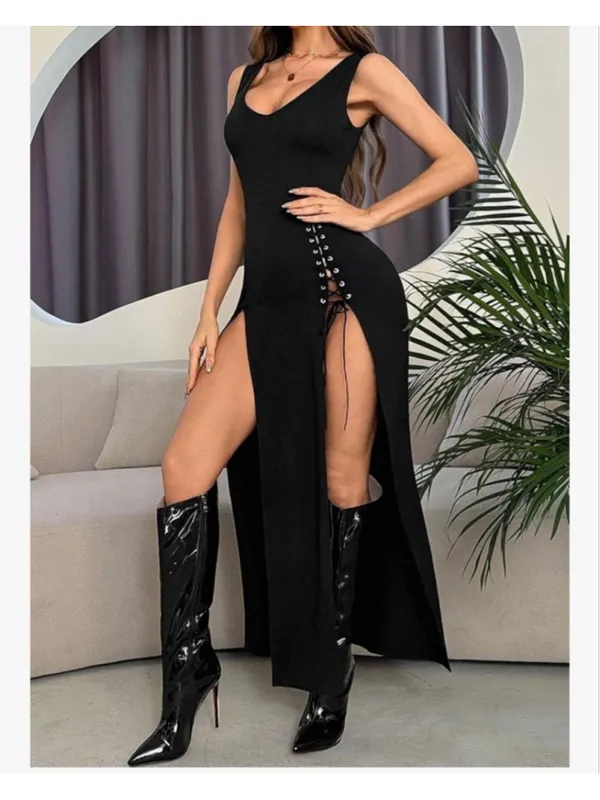 NEW GothDark Black Goth High Slit V Neck Eyelet Rope Club Maxi Dress S - Image 2
