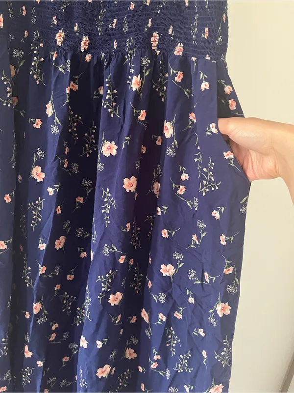 Old Navy Ditsy Floral Smocked Midi Dress XL Tall Navy Blue Pink Cottagecore Sundress - Image 3