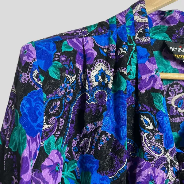 Vintage Wilroy Rare Purple Blue Floral Paisley Satin Long Sleeve Blouse Size 10 - Image 2