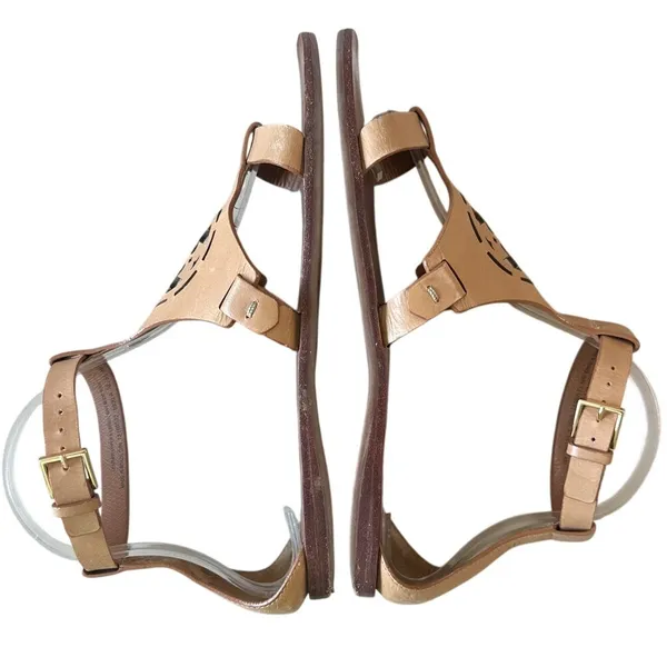 Tory Burch Zoey Leather Sandals‎ Tan Cutout Logo Flat Size 8 - Image 10