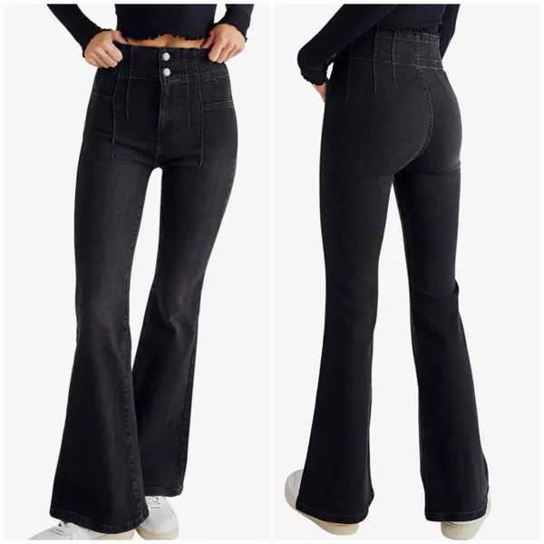 Free People We The Free Black High Rise Flare Jeans Size 27 Stretch - Image 2