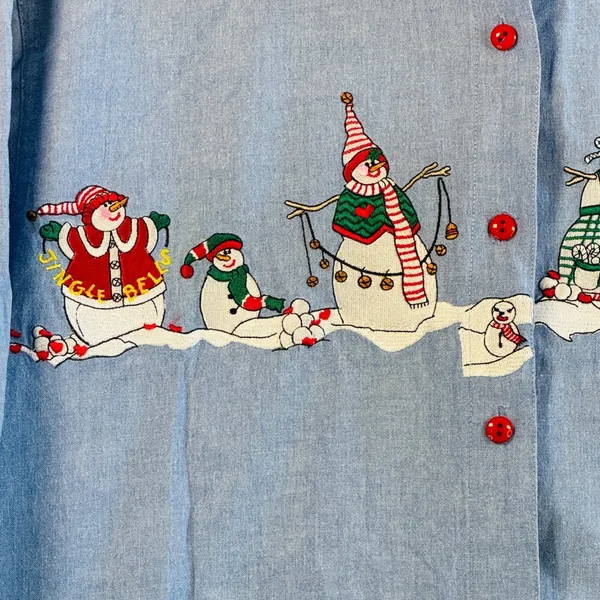 Vtg Christmas Snowman Shirt Chambray Denim Holiday Button‎ Down Top S Festive - Image 9