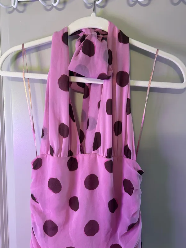 Zara Pink and Brown Polka Dot Maxi Dress Small - Image 3