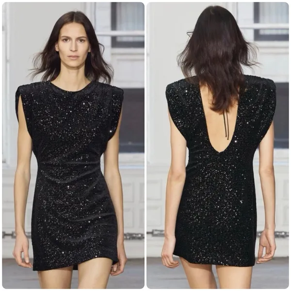 Zara Womens Black Sequin Padded Shoulder Open‎ Back Glam Cocktail Mini Dress XS - Image 2