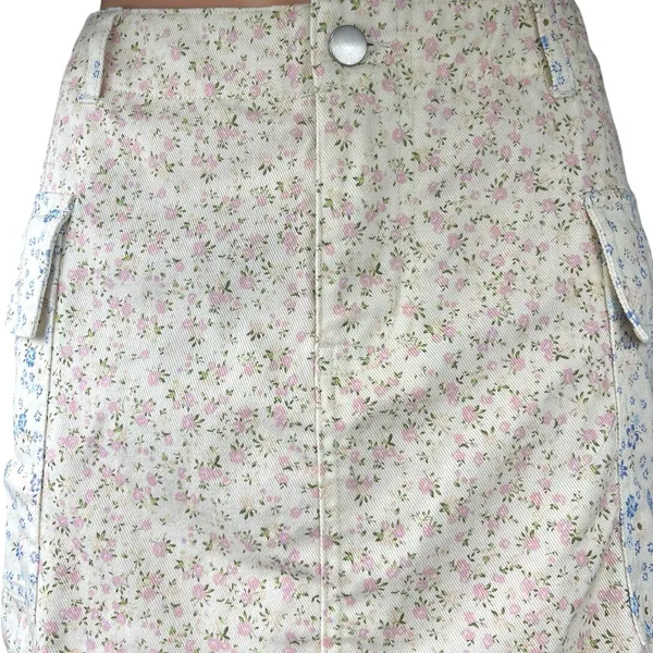 Altar'd State White Pink Floral Print Raw Hem Straight Pencil Mini Cargo Skirt M - Image 4