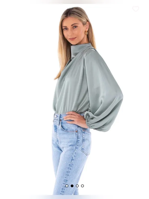 Line & Dot Satin Mock Neck Blouson Top - Sage Green - Image 2