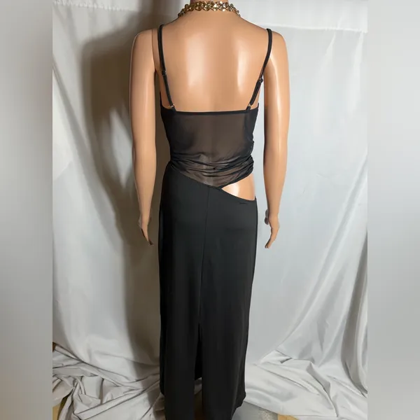 Source Unknown Black Mesh Cutout Maxi Dress Asymmetrical Waist Spaghetti Strap Size M - Image 5