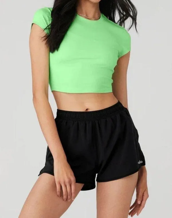 Alo Crop Finesse Short Sleeve Ultramint Neon Bright Stretchy Cropped T-Shirt Top - Image 2