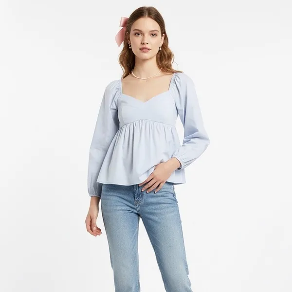 Banana Republic Puff Sleeve Top Womens S Blue Cotton Smocked Coquette Clean Girl - Image 2