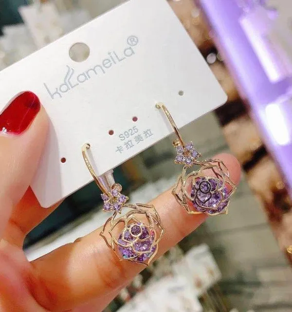 Women's Rose Flower Purple Crystal Dangle Drop Earrings Gold - Image 3
