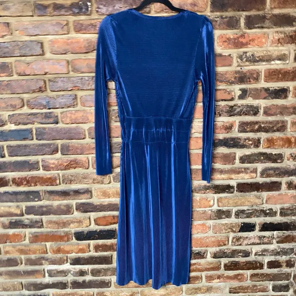 Zara Navy Blue Pleated Satin Long Sleeve Midi Dress Women's Size Medium - Image 8