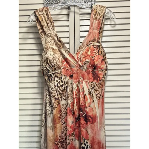 Fresh Of LA Floral/Paisley/Cheetah Maxi Dress Size L Pleated, V Neck Wide Straps - Image 2
