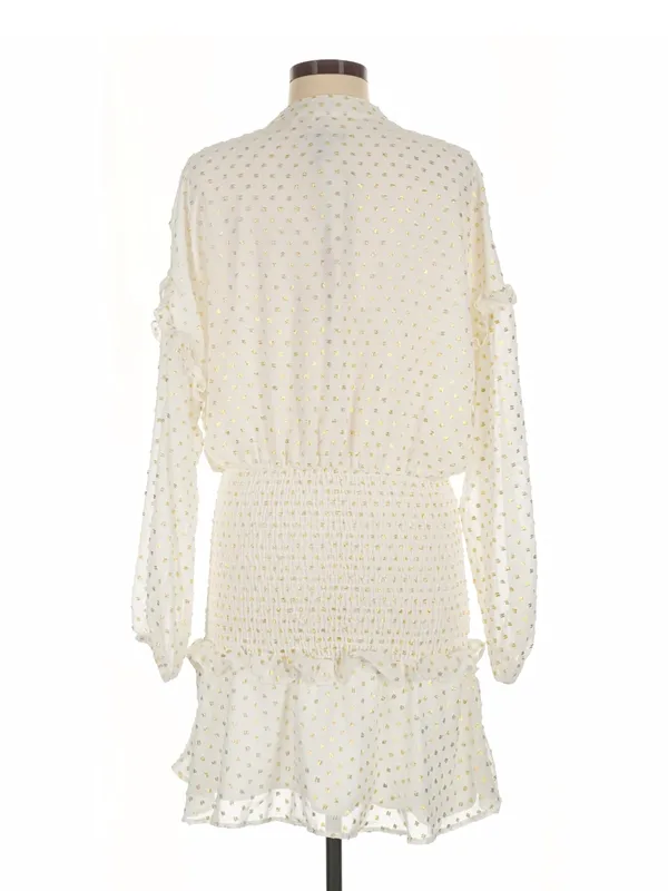 Aqua Womens gold polka dot Ivory Chiffon Smocked V-Neck Mini Dress NWT - Image 2