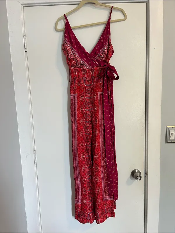 Free People Cabbage Rose Red pink Wide-Leg Wrap Jumpsuit size 0 paisley FLAWS - Image 2