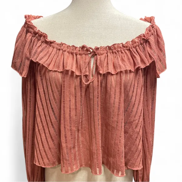 By Anthropologie Long-Sleeve Sheer‎ Striped Crop Blouse Rose Pink Off Shoulder - Image 3