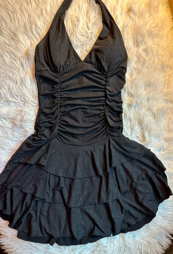 La Belle Vintage Y2K Black Glitter Ruched Halter Tiered Dress Medium Homecoming - Image 11