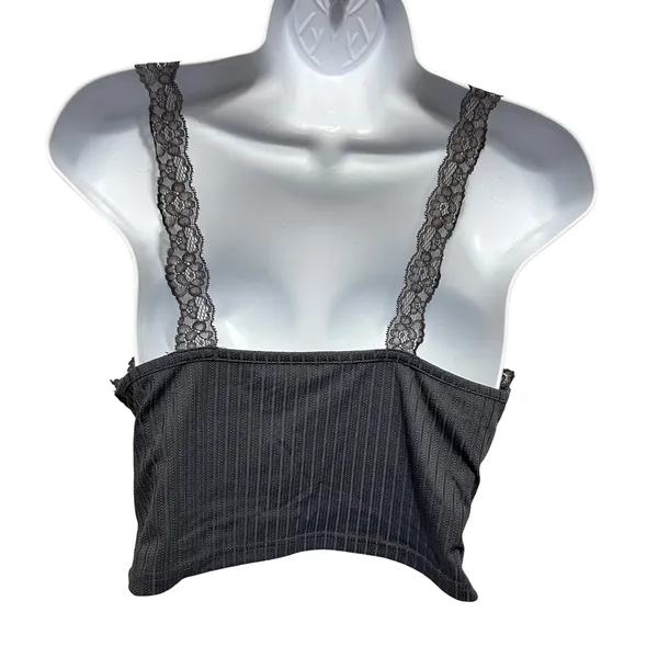 Y2K Women Coquette Grunge Ribbed Lace‎ Trim Tank S Grey Henley Fairy Crop Top - Image 2