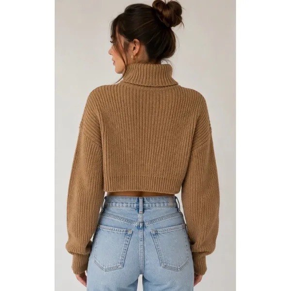 Princess Polly Cropped Turtleneck Sweater Camel Tan Ribbed Knit XS/S - Image 2