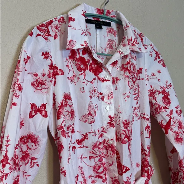 Cynthia Steffe Shirt Dress White Red Floral ‎ Butterfly Print Size Small - Image 3