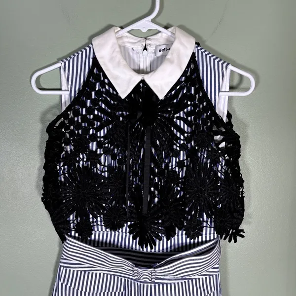 Self-Portrait Blue White Striped Lace Overlay‎ Collared Mini Dress Belted size 0 - Image 4