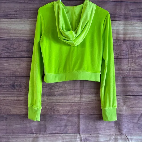 Aerie Real Good Neon Lime Green Velour Cropped Zip Up Hoodie Medium - Image 5