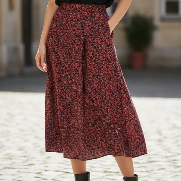 ZARA High Waisted Floral Flowy 2 Slits Preppy Midi Skirt Side Zip Up S Red Black - Image 12