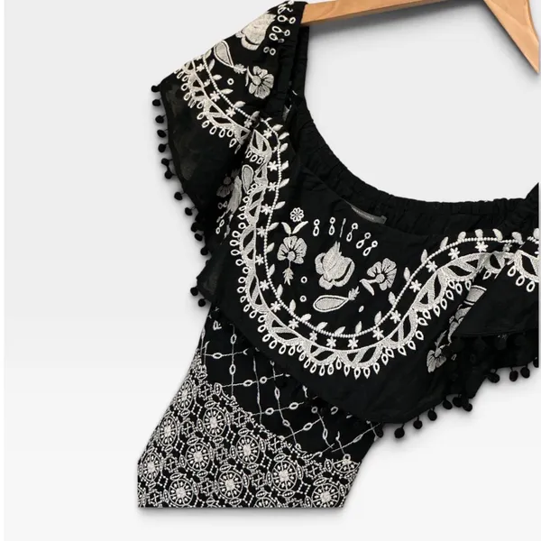 Anthropologie Black Embroidered Cotton Midi Dress Smocked Waist Pom Pom Trim 12 - Image 9