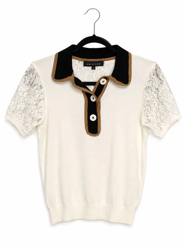 Wardrobe Womens Ivory Lace Polo Sweater Top Medium Contrast Collar Preppy Mod - Image 2