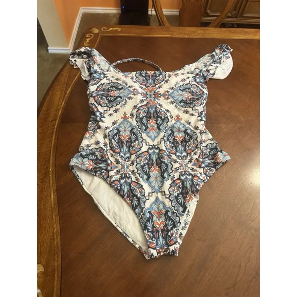 New Becca Floral One Piece Swimsuit Womens 2X Off Shoulder Ruffle Blue White - Image 2
