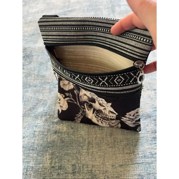 White Black Rose Flower Skull Cotton Canvas Two Pocket Crossbody Shoulder Pouch - Image 4