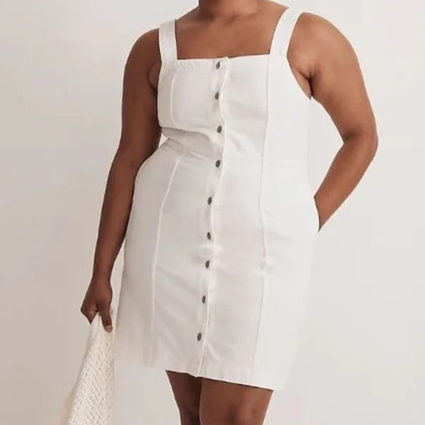 Madewell Denim Square-Neck Sleeveless Mini Dress in Tile White Size 16 - Image 3