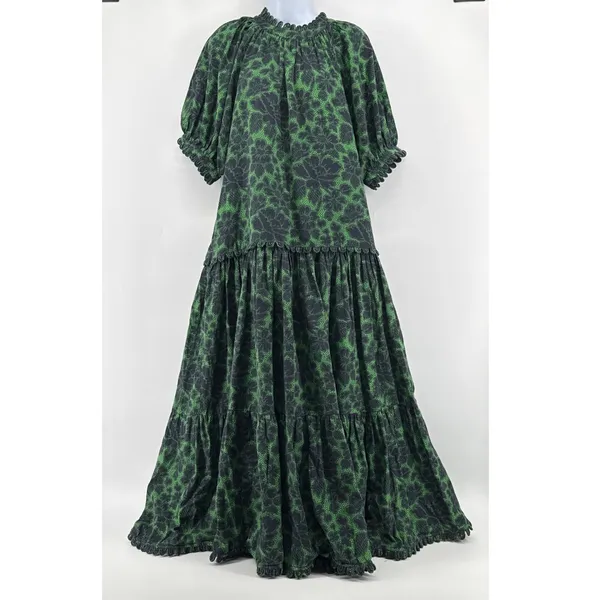 RHODE Aderyn Cotton Linen Tiered Maxi Dress Emerald Savoy Lace Green Black Large - Image 4