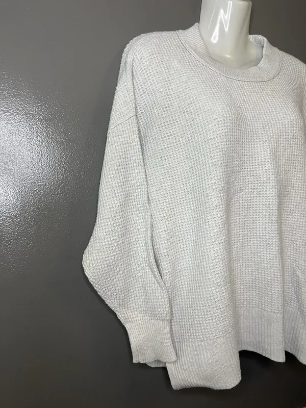 Aerie Sweater Womens XS Gray Waffle Knit Crewneck Pullover Cozy Relaxed Fit - Image 3