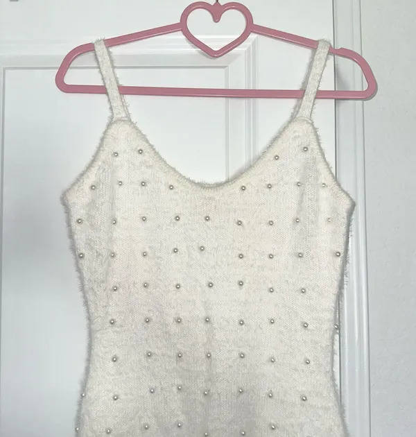 Pink Lily Small Ivory White Embellished Pearl Sweater Holiday Winter Mini Dress - Image 4