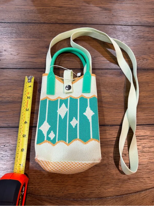 Mini Crossbody Phone Bag in Teal and Cream with Orange Trim - Image 2