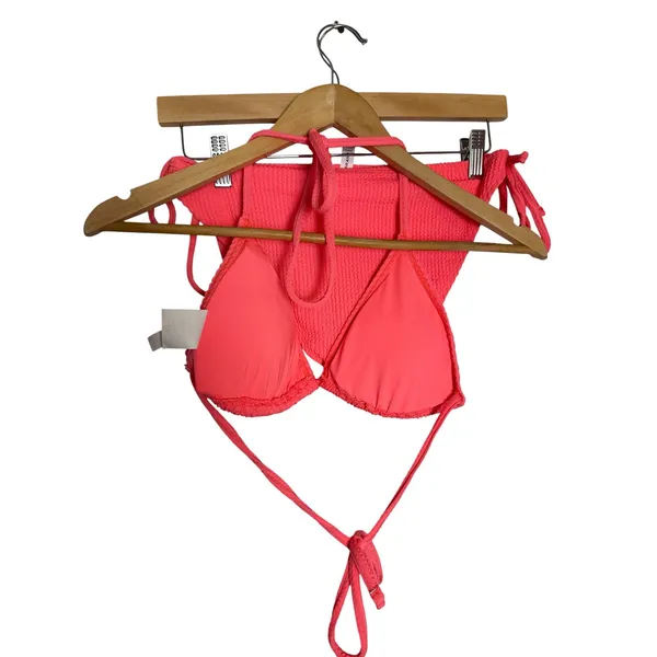 Lucky Brand Coral 2 Piece Crinkle Rib Halter Triangle Side Tie Bikini Swim Set L - Image 2