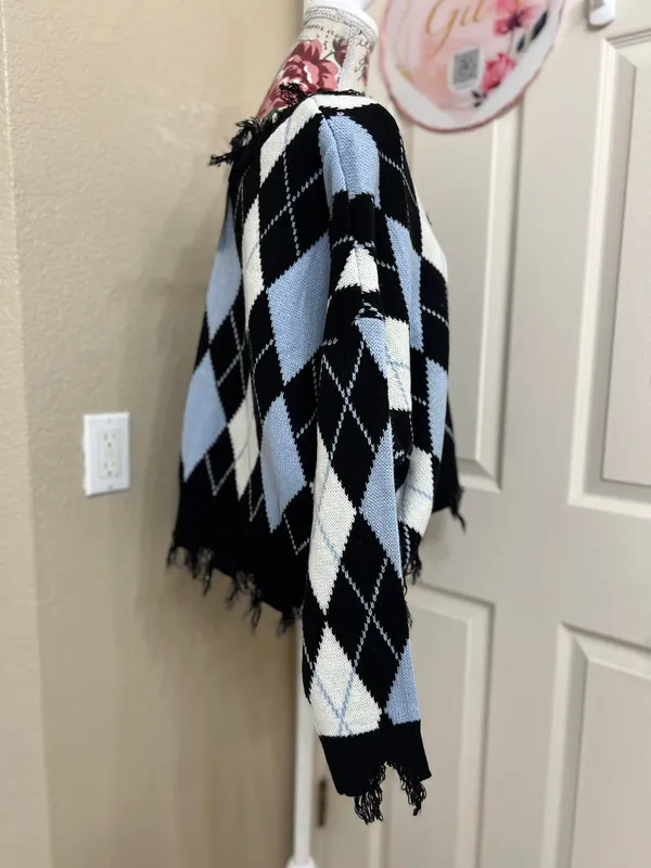 Just Polly Y2K Grunge Distressed Argyle Knit Sweater Size XL NWT Blue - Image 3