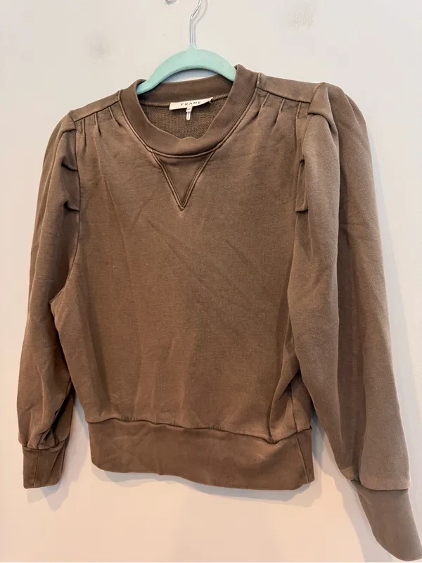 FRAME Shirred Puff-Sleeve Crewneck Sweatshirt S - Image 2