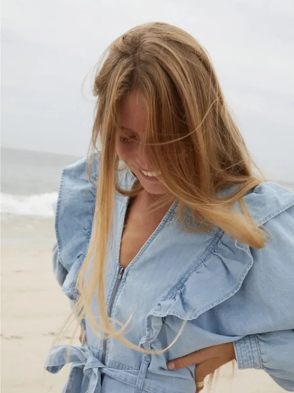 Free People Chambray Cotton Denim Mini Dress Belted Blue Front Zip SZ small - Image 3