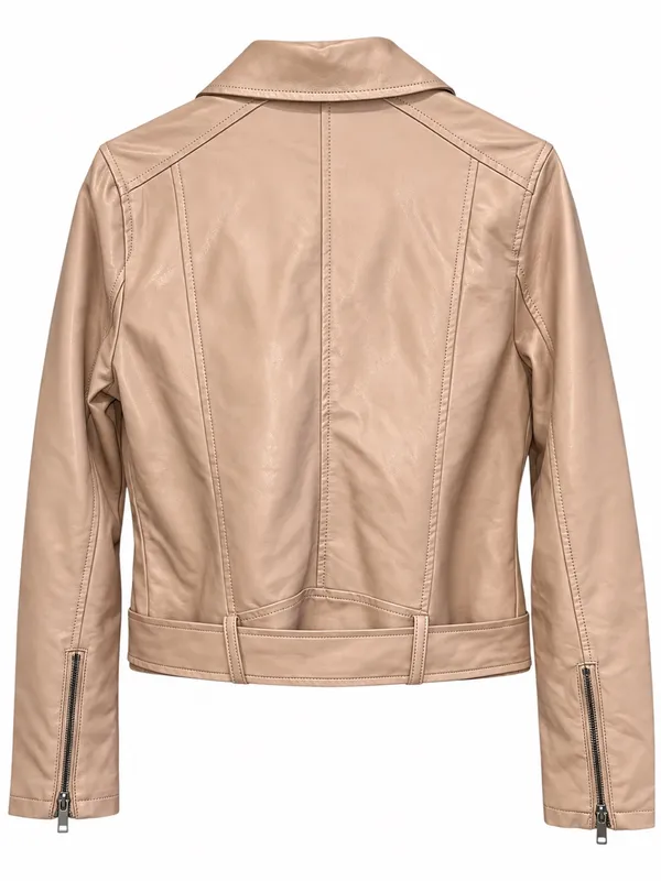 Zenana Beige Blush Vegan Faux Leather Belted Moto Jacket M - Image 4