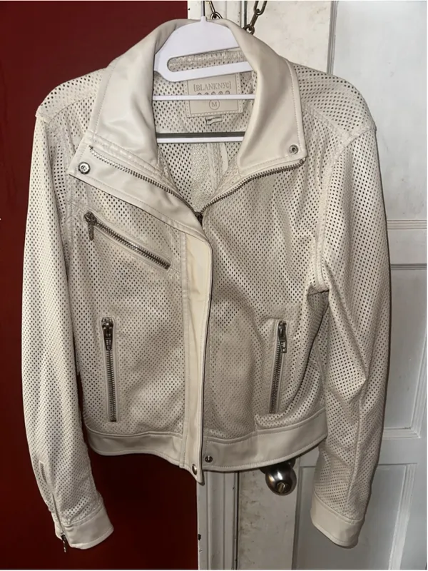 BLANKNYC Perforated Faux Leather Moto Jacket Cream Off White Biker Zip Medium - Image 3