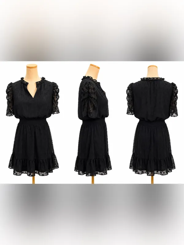 Express Black Swiss Dot Mini Dress Size M Smocked Ruffle Hem Flutter Sleeve - Image 4