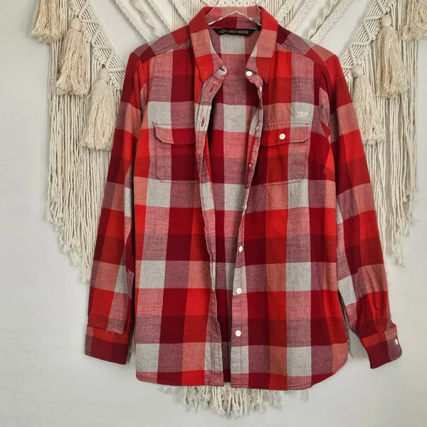 Harley-Davidson Red Plaid Flannel Eagle Graphic Button Down Shirt XL Unisex - Image 3
