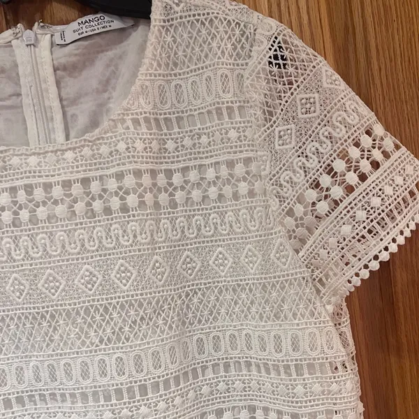 Mango White Crochet‎ Short Sleeve Lined Mini Shift Dress Size 6 Medium Cruise - Image 3
