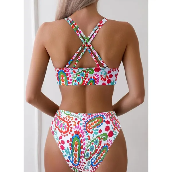 Boutique Colorful Floral Push Up V Neck Bikini Crisscross Back Two-Piece Swimsuit LARGE - Image 2