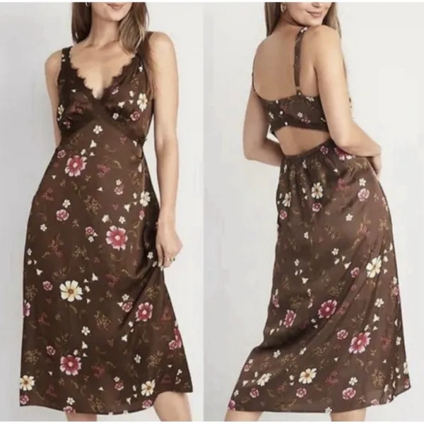 Old Navy Women’sLace-Trimmed Satin Cami Slip Dress M Brown Floral Midi Babydoll - Image 2