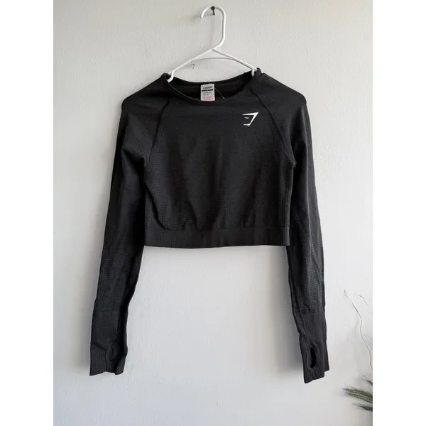 Gymshark Vital Seamless‎ Long Sleeve Crop Top Black Marl Thumbholes B1A3D Medium - Image 2