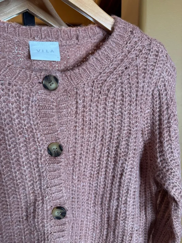 VILA Rose Pink Chunky Knit Cardigan Sz Small Button Front Cozy Textured Sweater - Image 7