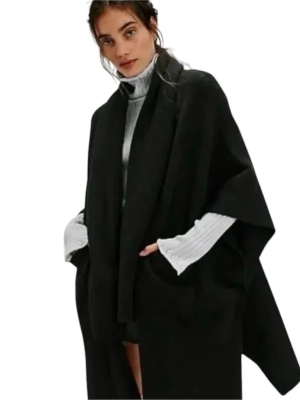 Free People Black Open-Front Knit Poncho with Pockets and Scarf ONE SIZE - Image 12